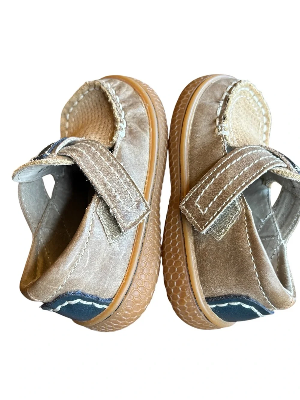 Livie and Luca Toddler Boys Shoes Size 5 Leather Hook and Loop Tan Navy Neutral